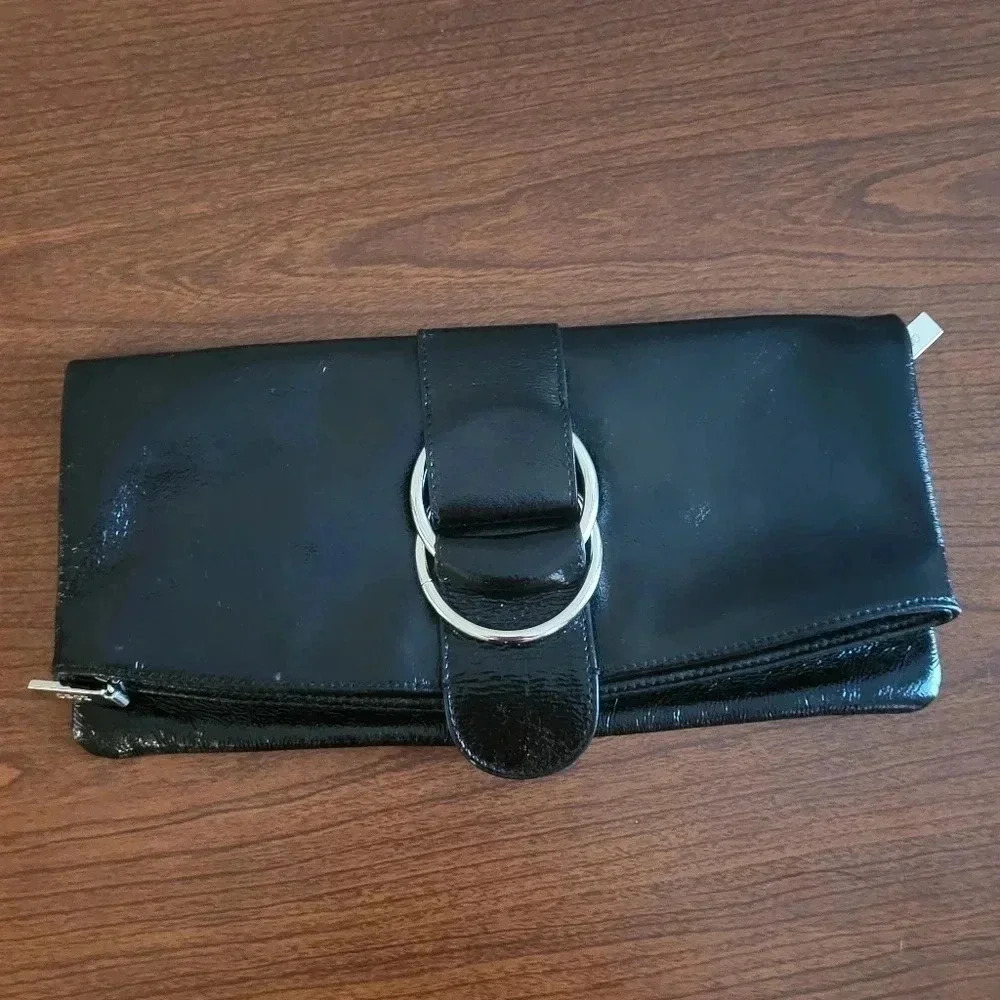 HOBO International Fold-over Black Patent Leather Clutch Silver Buckle Accent